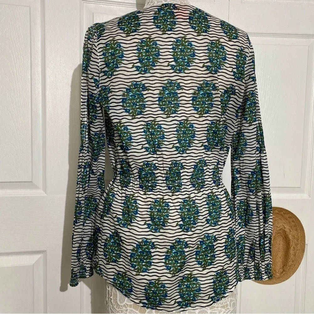 Tory Burch Top white Green Flora Cotton Scoop Neck Keyhole Tunic Elastic waist 6